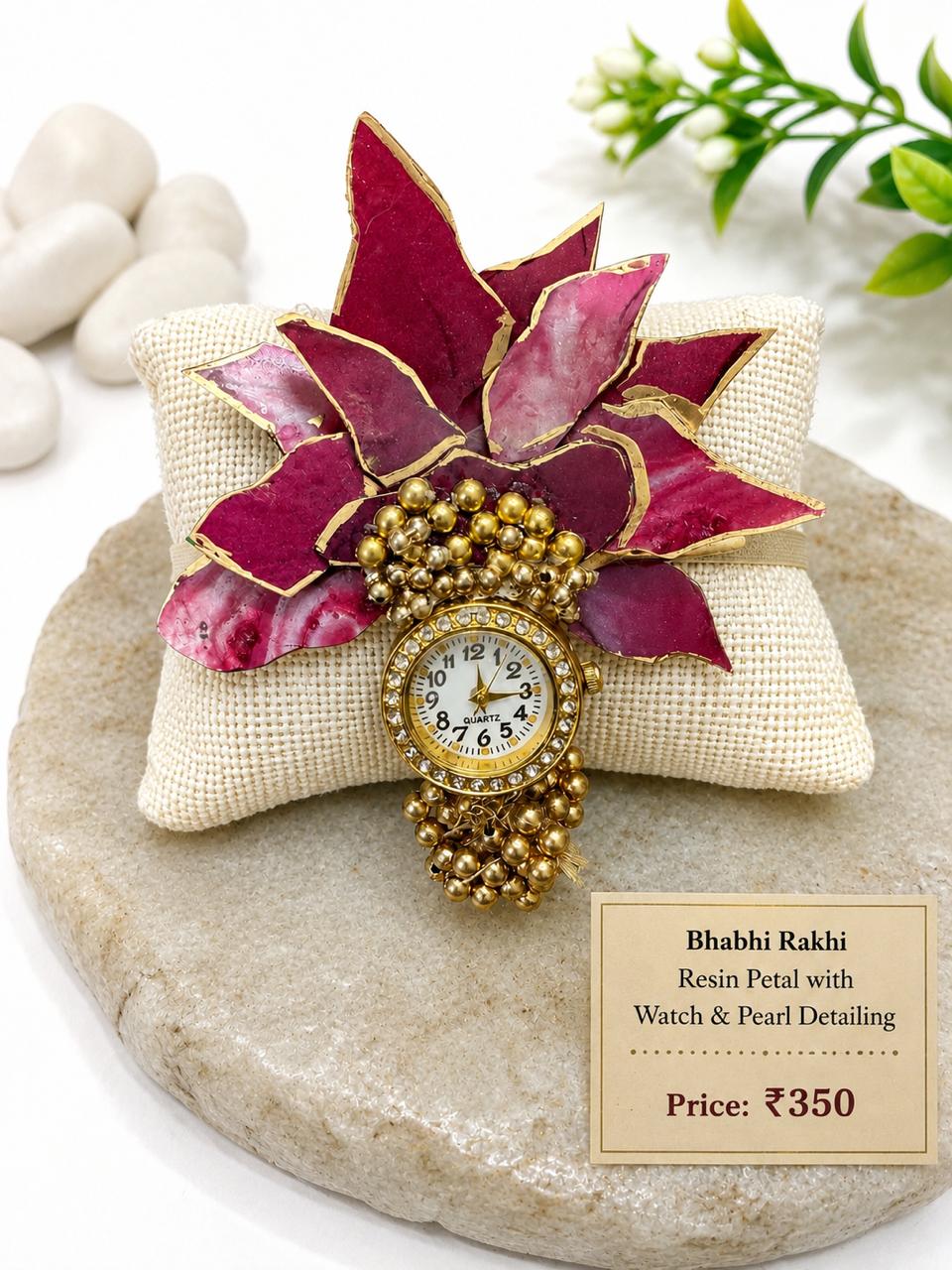 Handmade Bhabhi Rakhi with Resin Petals & Decorative Watch