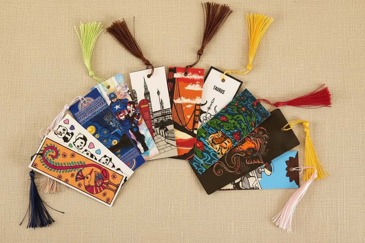 Colorful bookmarks with tassels on a beige background