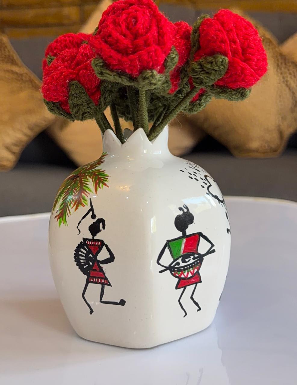Warli Art Ceramic Vase | Hand-Painted Pomegranate Décor Piece