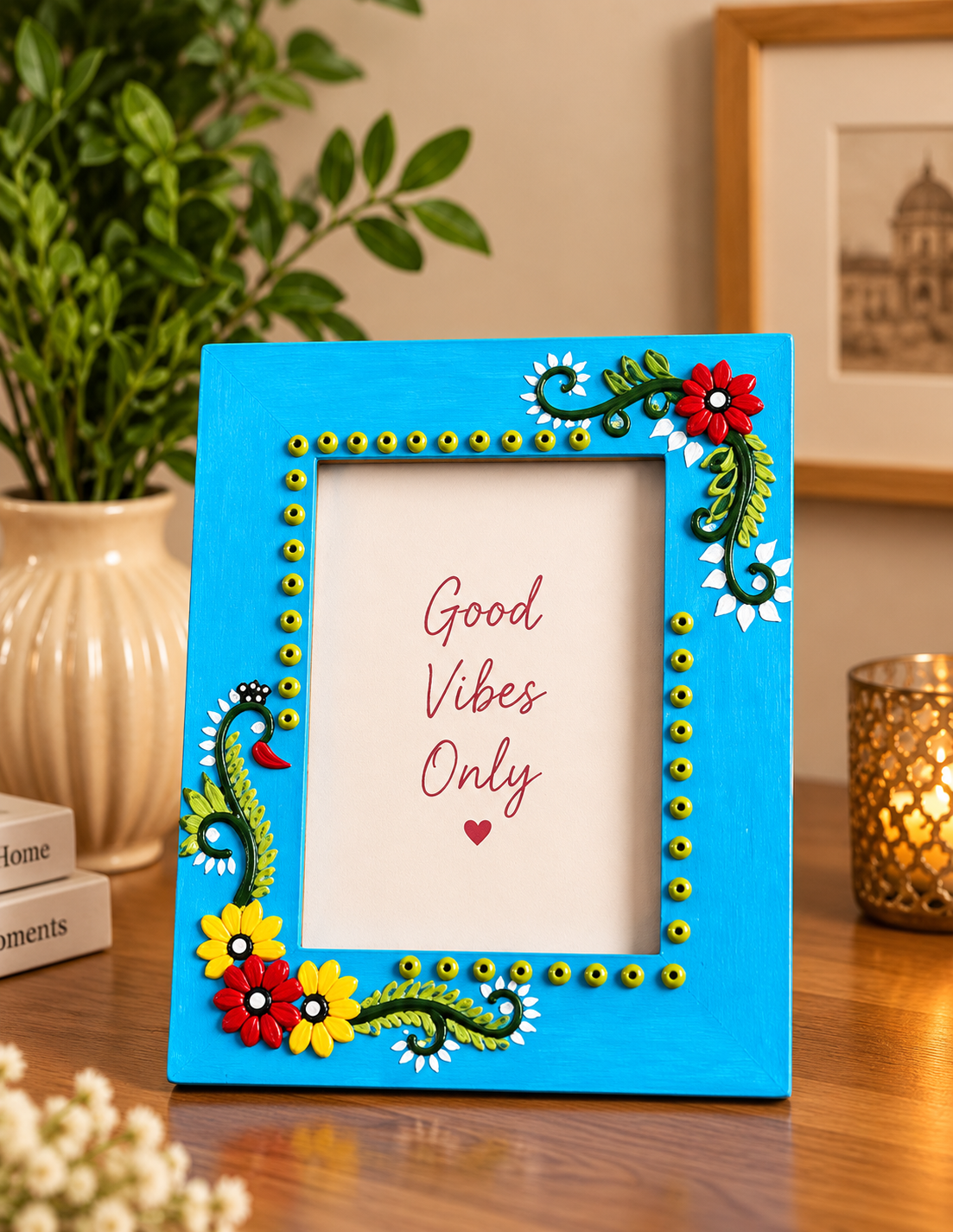 Handmade Lippan Art Photo Frame | Floral Peacock Design
