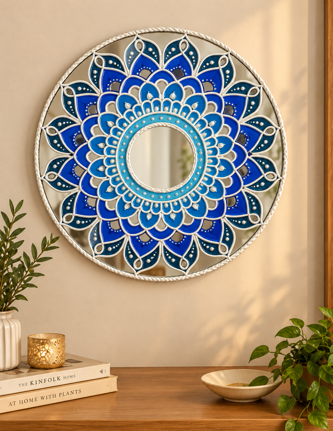 Handmade Blue Lippan Mirror | Mandala Wall Décor