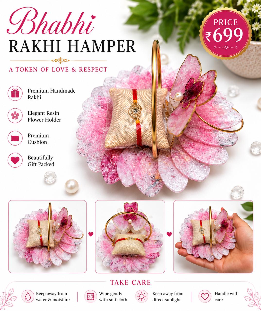 Premium Handmade Bhabhi Rakhi Hamper – Resin Flower Holder Gift Set with Rakhi
