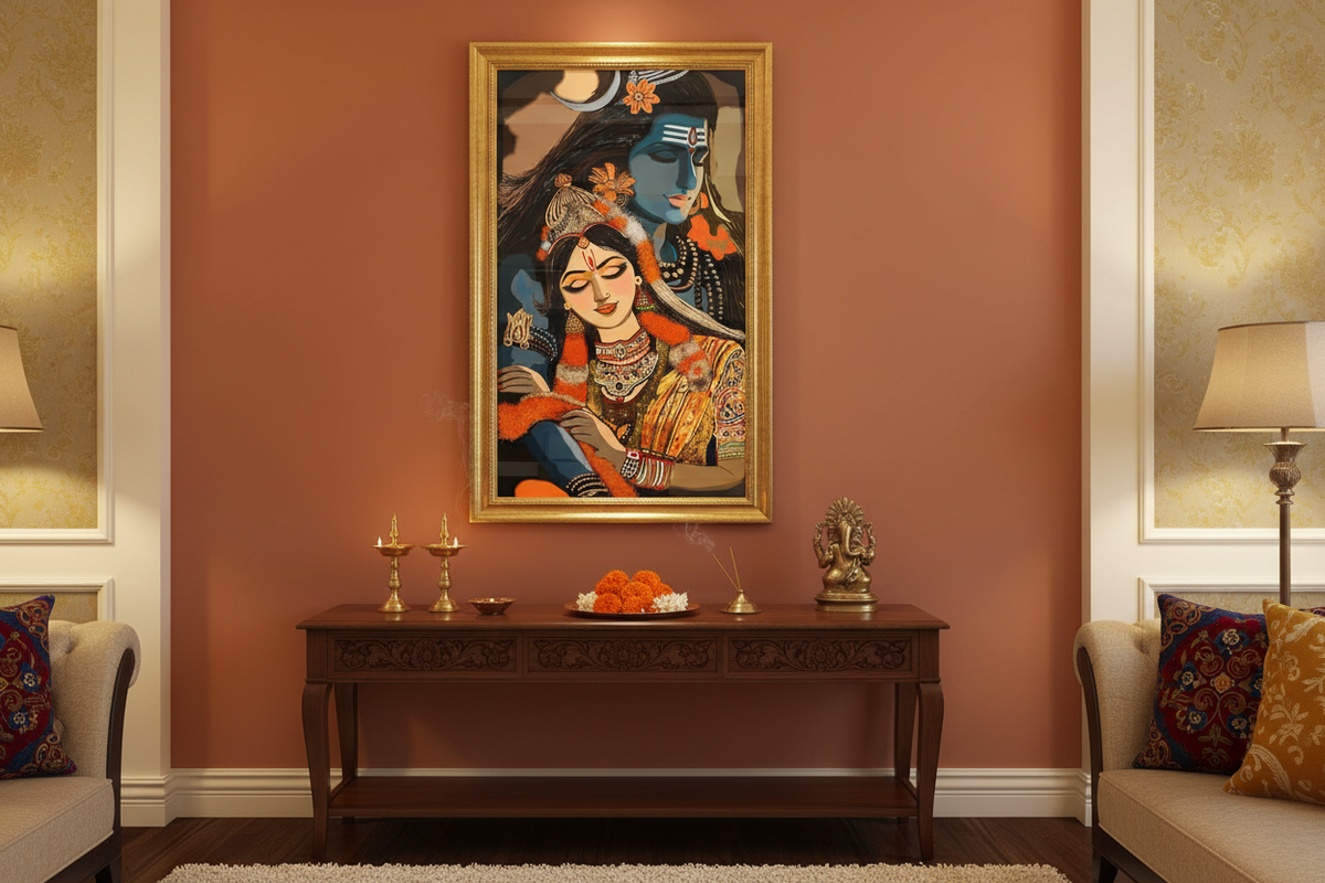Shiv Parvati framed painting — lifestyle interior in Indian-inspired living space