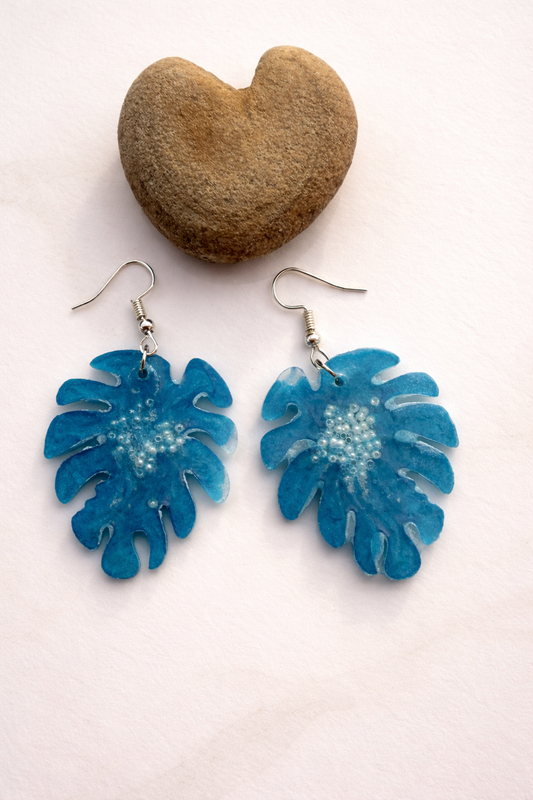 Handmade Blue Leaf Earrings – Tropical Resin Statement Earrings