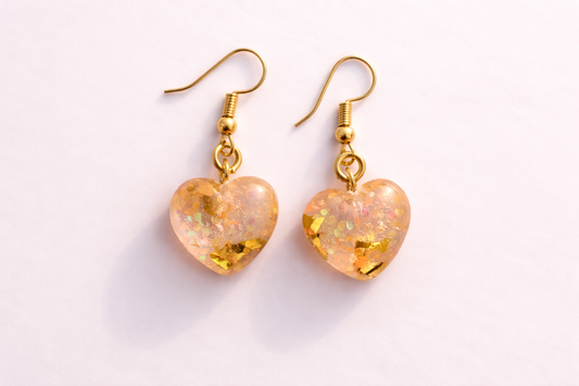 Handmade  Golden Glitter Heart Resin Earrings