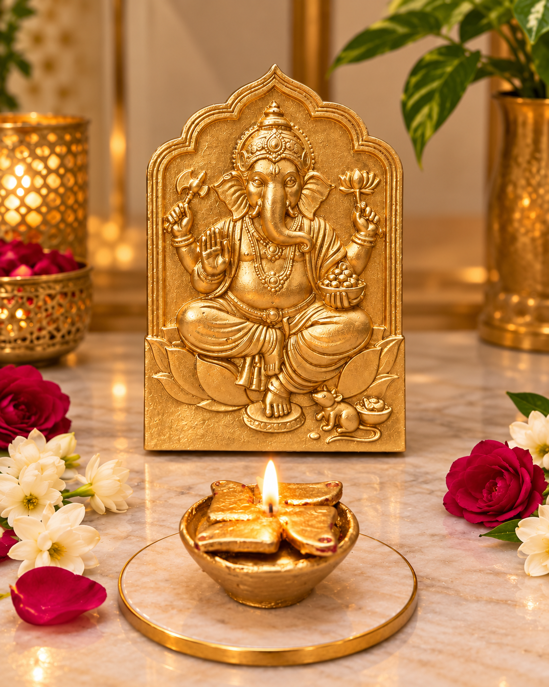 Gold-plated Ganesh idol with an optional diya in a warm festive setting.