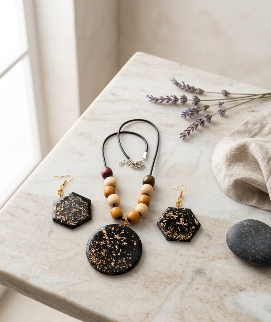 Handmade Resin Black & Gold Jewelry Set