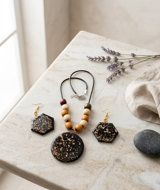 Handmade Resin Black & Gold Jewelry Set