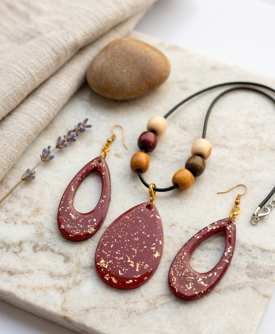 Handmade Resin Maroon Teardrop Jewelry Set