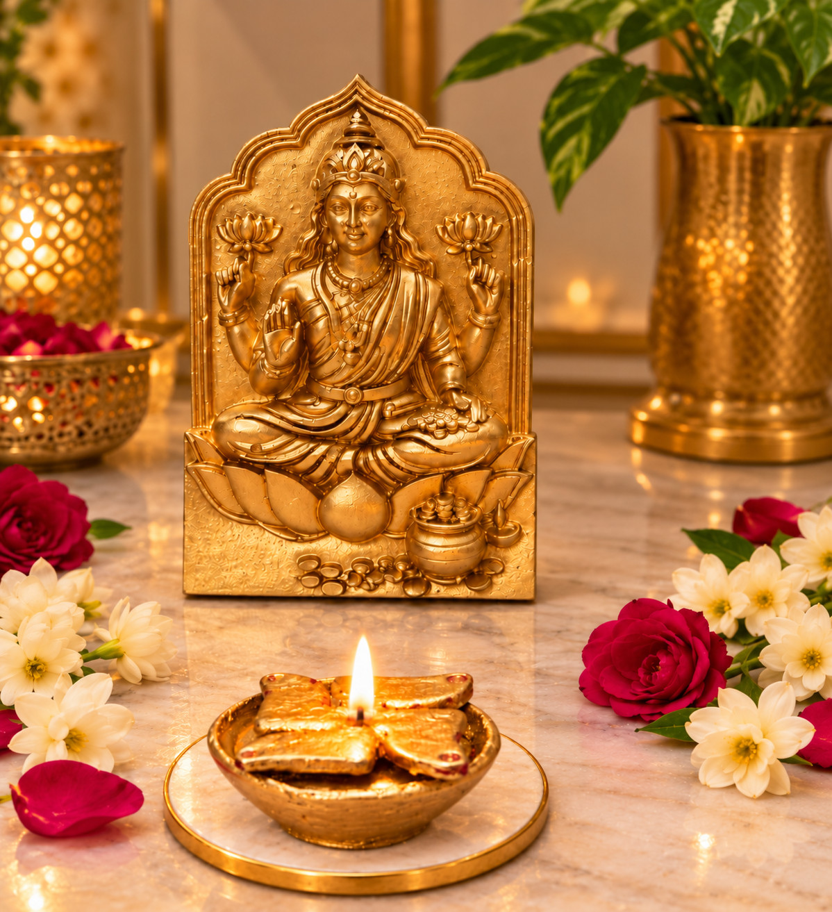 Gold-plated Lakshmi idol with an optional diya in a warm festive setting.