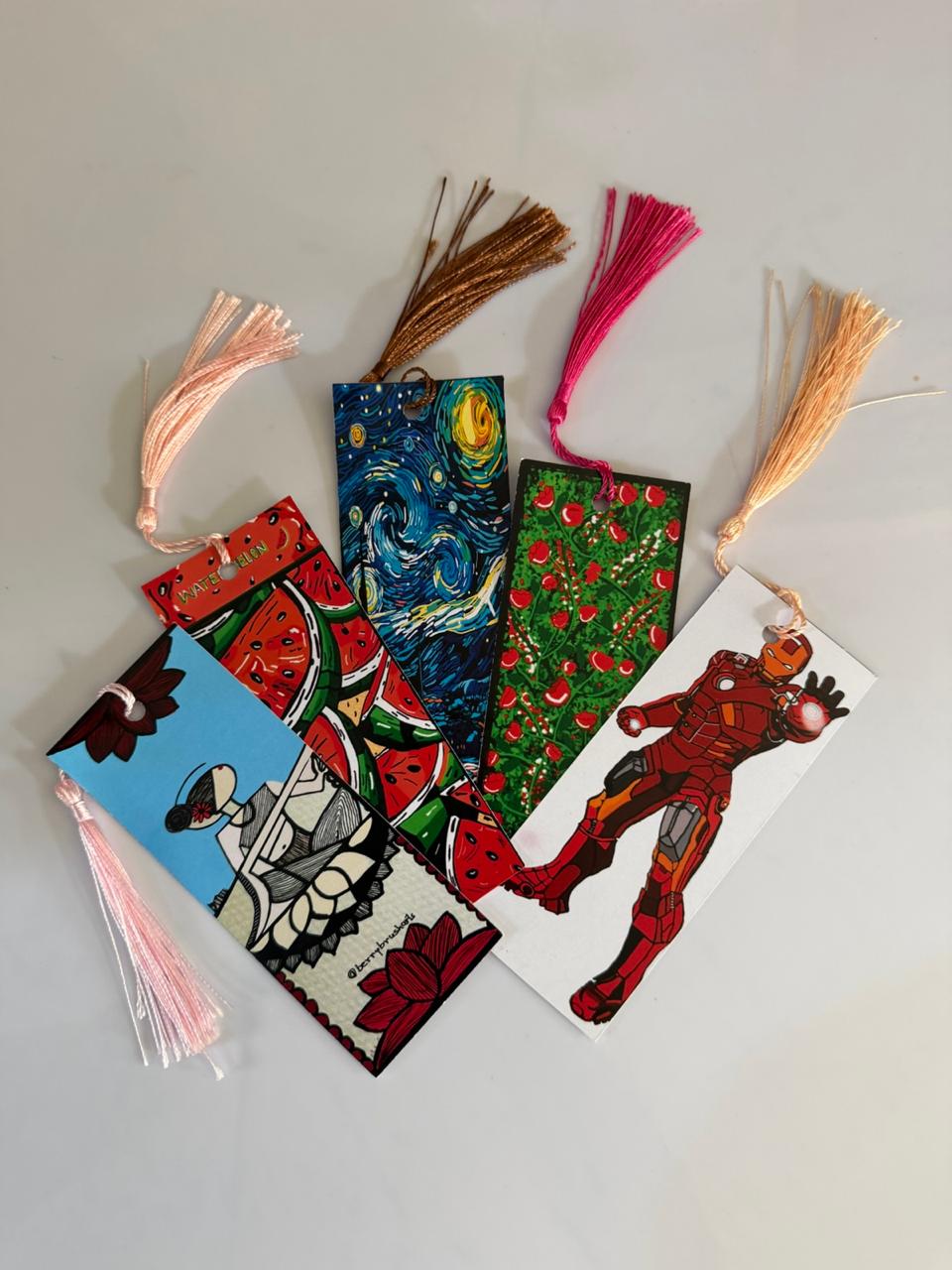 Handmade Artistic Bookmark Set (5 Pack) – Colorful Tassel Bookmarks with Unique Designs