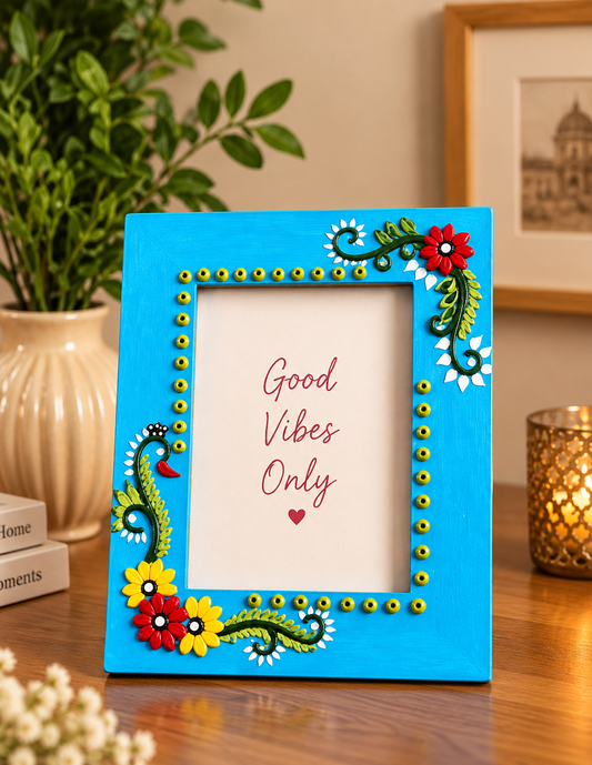 Handmade Lippan Art Photo Frame | Floral Peacock Design