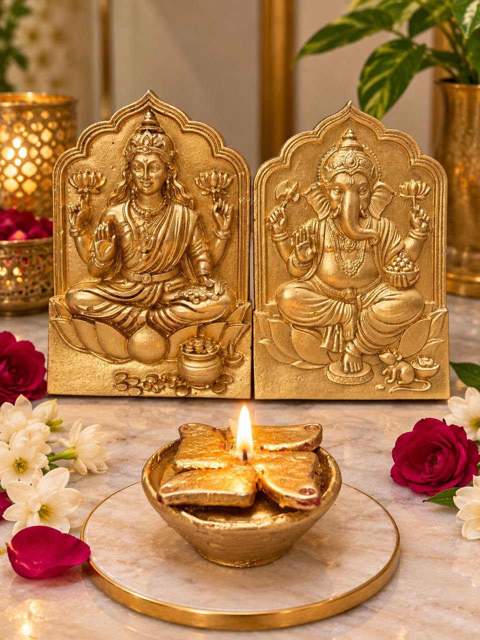 Ganesh and Lakshmi idol designs shown together with a diya; each purchase includes one selected idol.