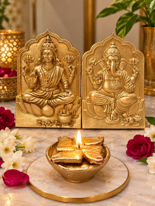 Ganesh and Lakshmi idol designs shown together with a diya; each purchase includes one selected idol.