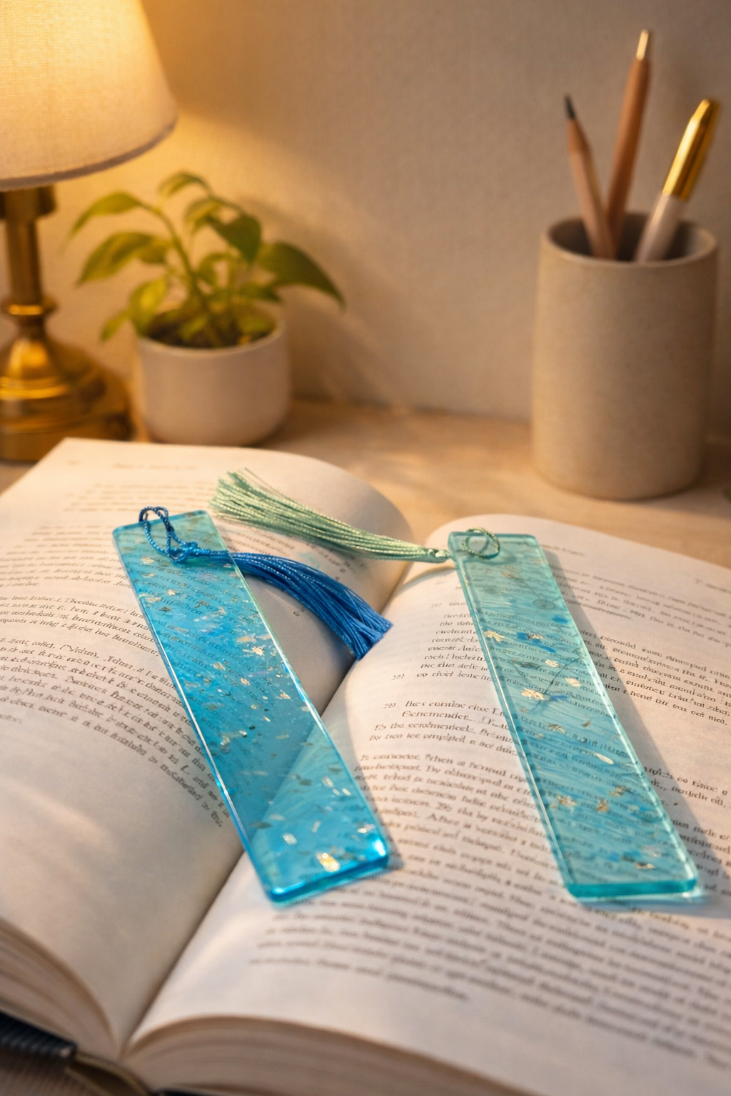 Handmade Resin Bookmark – Elegant Blue Aesthetic Bookmark with Tassel