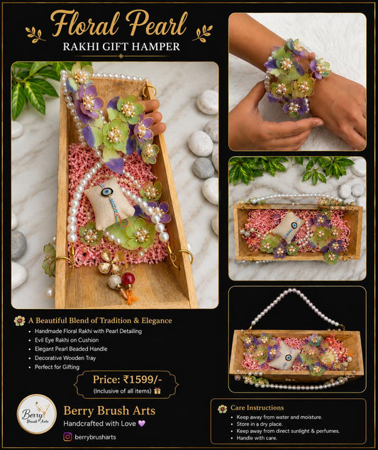 Premium Floral Pearl Rakhi Gift Hamper – Handmade Wooden Tray Gift Set with Evil Eye Rakhi