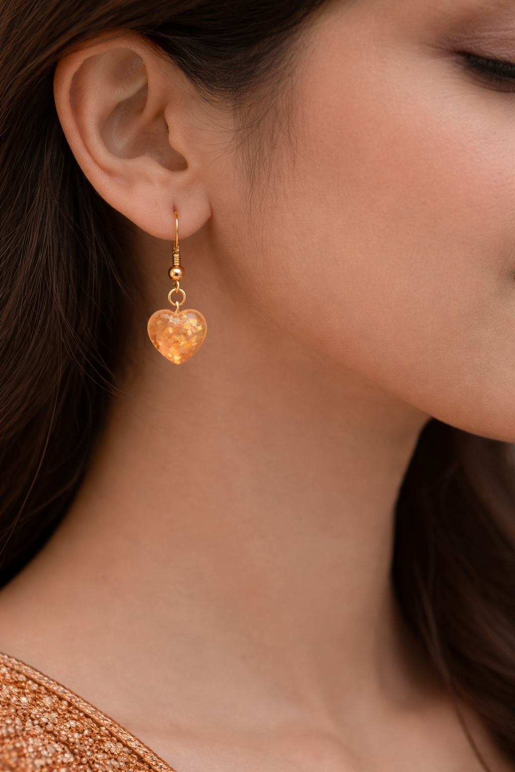 Handmade  Golden Glitter Heart Resin Earrings