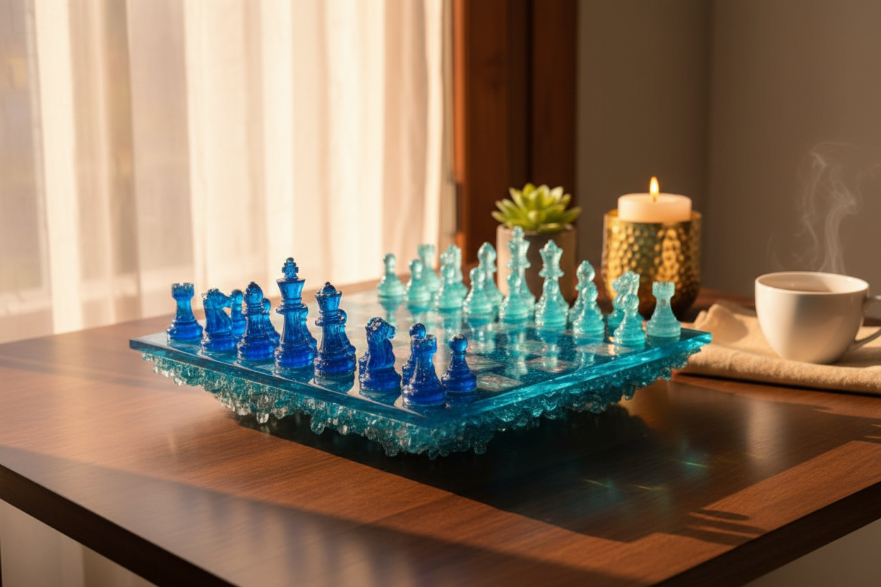 Frozen Ocean Resin Chess Set – Lifestyle Aesthetic Shot