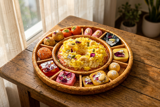 Handmade Mithai Candle Platter in a warm wooden-table lifestyle setting