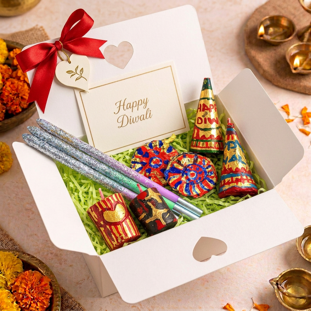 Pathaka Diwali hamper with sparkler-style sticks, chakri discs, cone and cylindrical festive pieces and a Diwali card in a white heart-cutout gift box.
