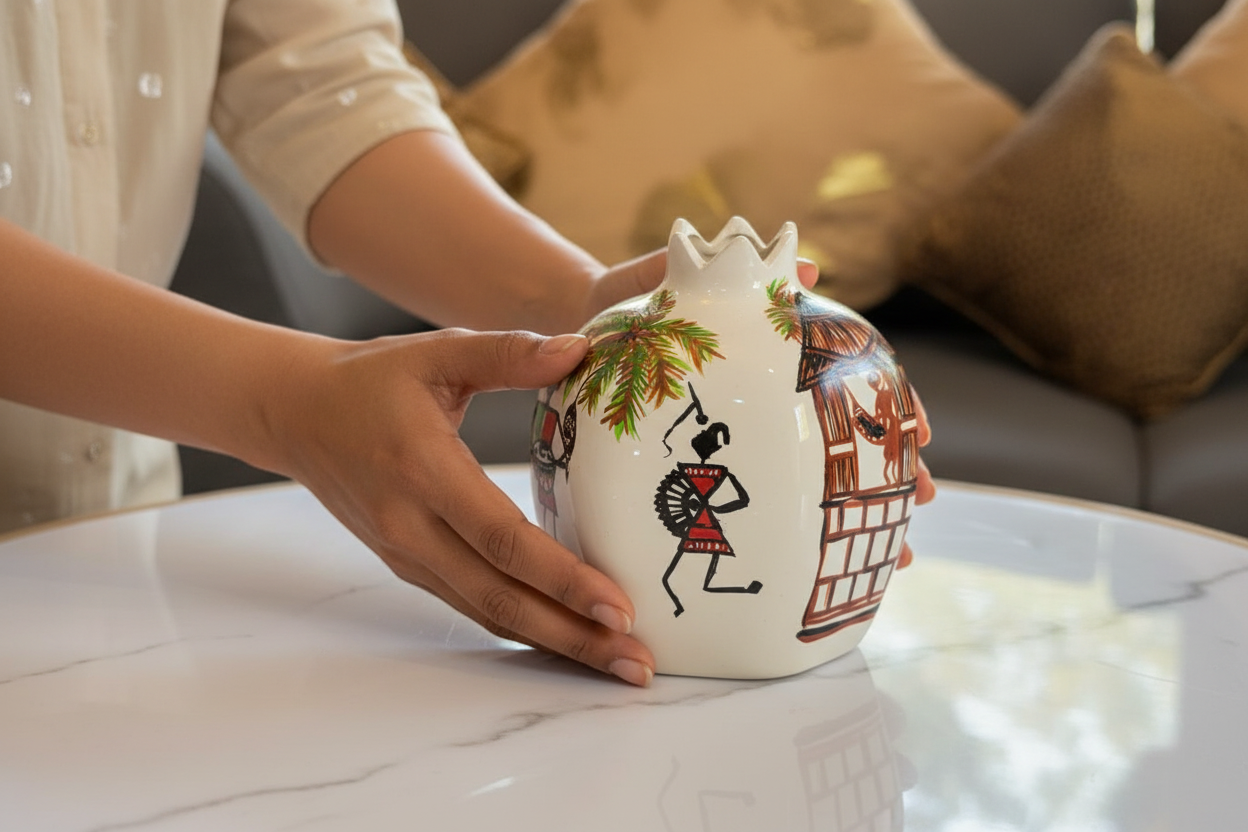 Warli Art Ceramic Vase - Lifestyle Usage Shot