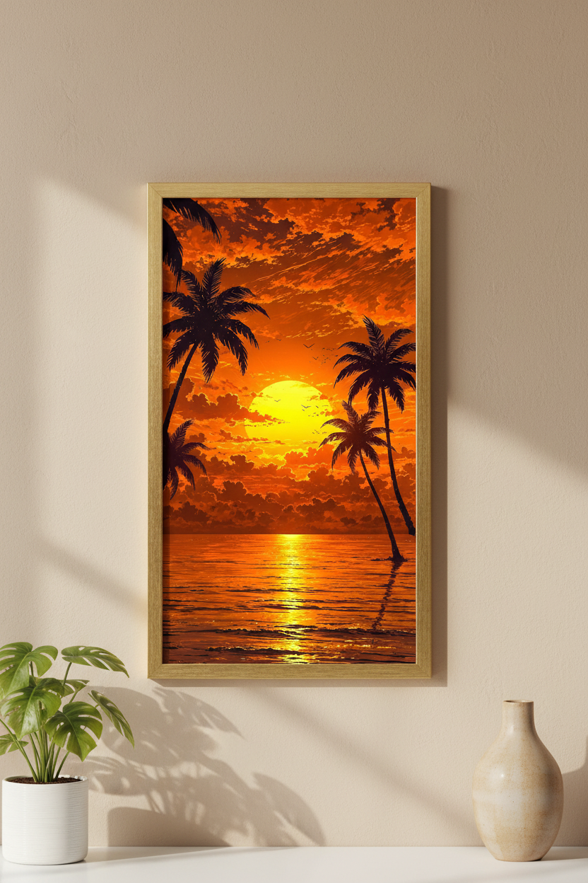 Lifestyle shot — Tropical Sunset Wall Art in elegant frame