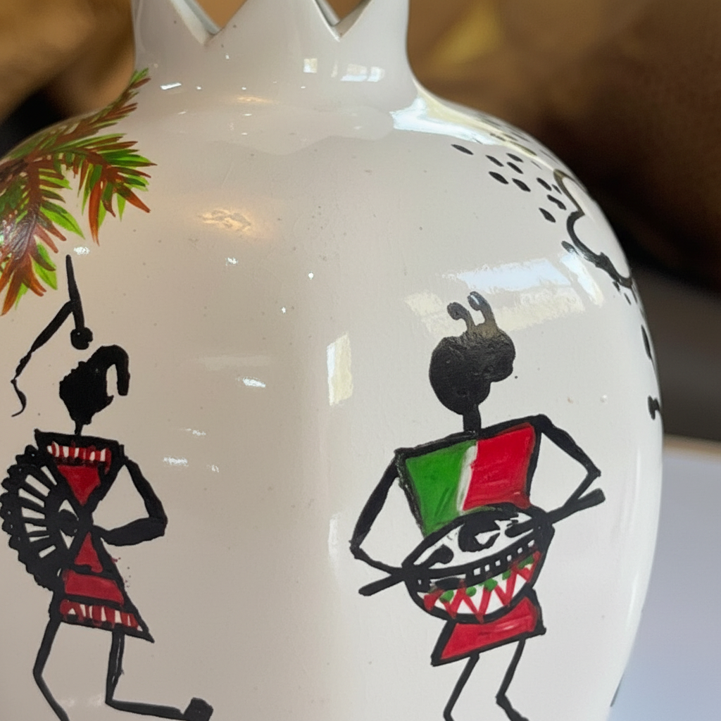 Warli Art Ceramic Vase - Close-up Macro Detail