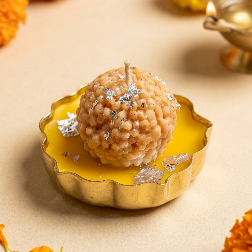 Single textured sweet-shaped candle in a yellow base and scalloped gold dish on a warm festive studio background.
