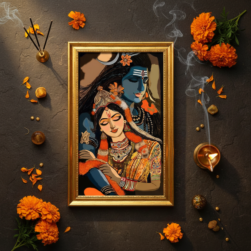 Shiv Parvati framed painting — flat lay with marigolds and brass diya