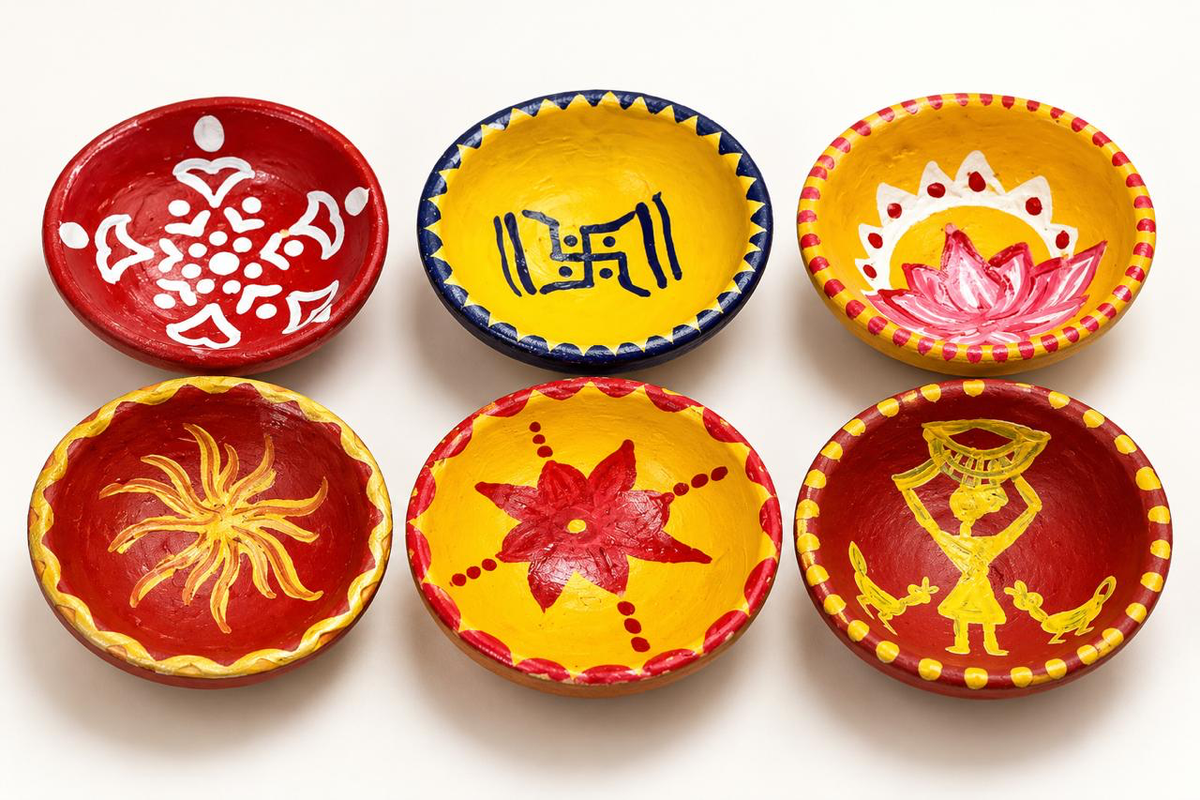Six red and yellow decorative diyas featuring floral, lotus and traditional Indian motifs, arranged without a gift box.