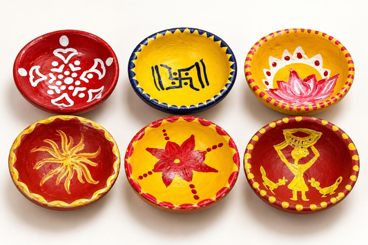 Six red and yellow decorative diyas featuring floral, lotus and traditional Indian motifs, arranged without a gift box.