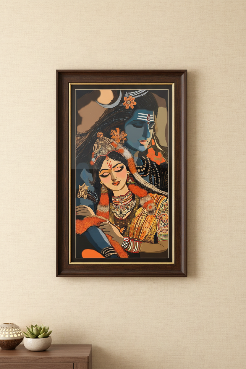 Shiv Parvati framed wall art — studio shot in premium gold-trimmed wood frame