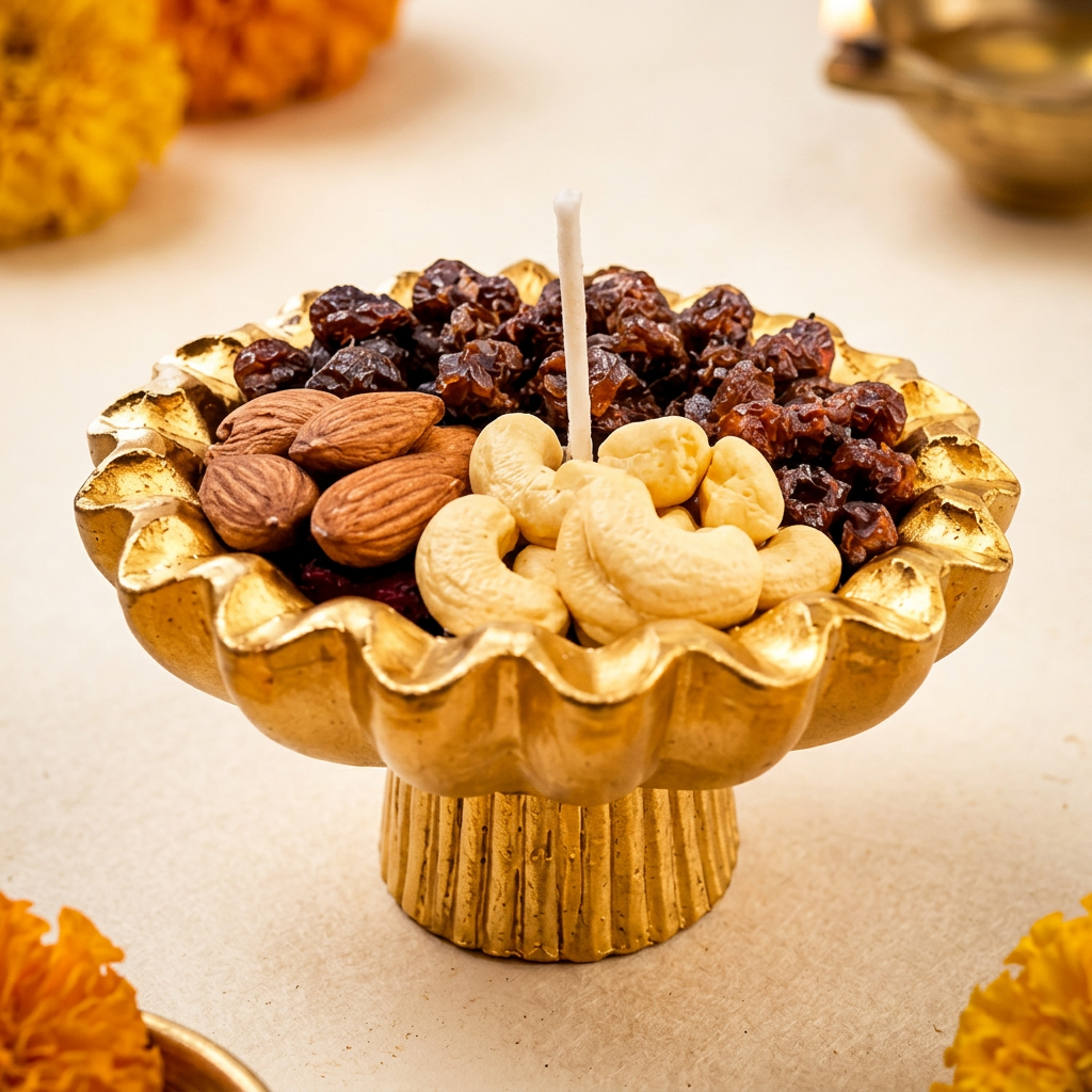 Dry-fruit-inspired candle arrangement in a gold pedestal dish on a warm festive studio background, without a box.