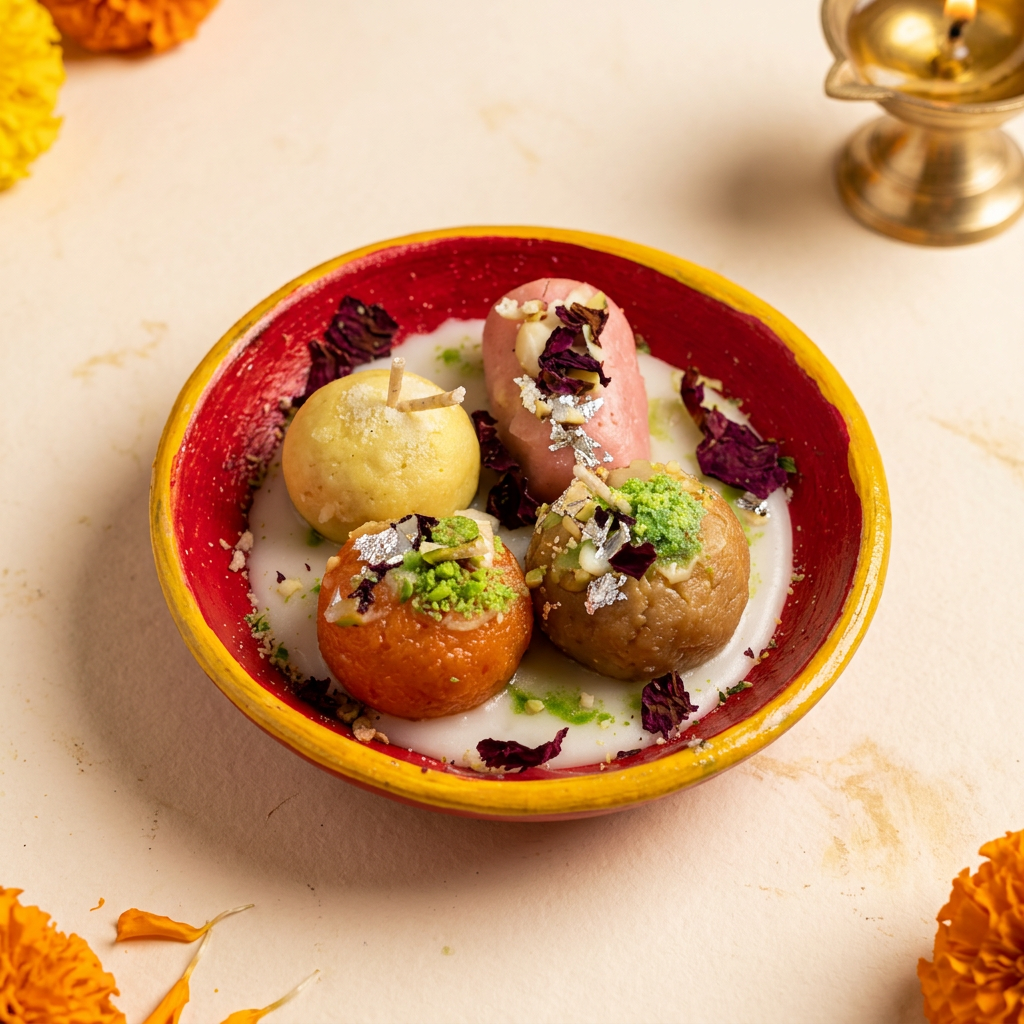 Four sweet-shaped candles arranged in a red base with yellow rim on a warm festive studio background, without a box.
