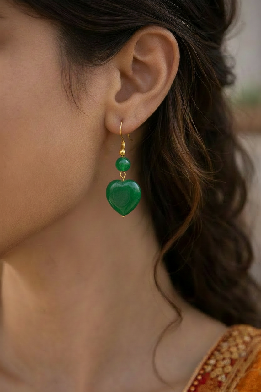 Model with Larger Heart Green Emerald Earrings
