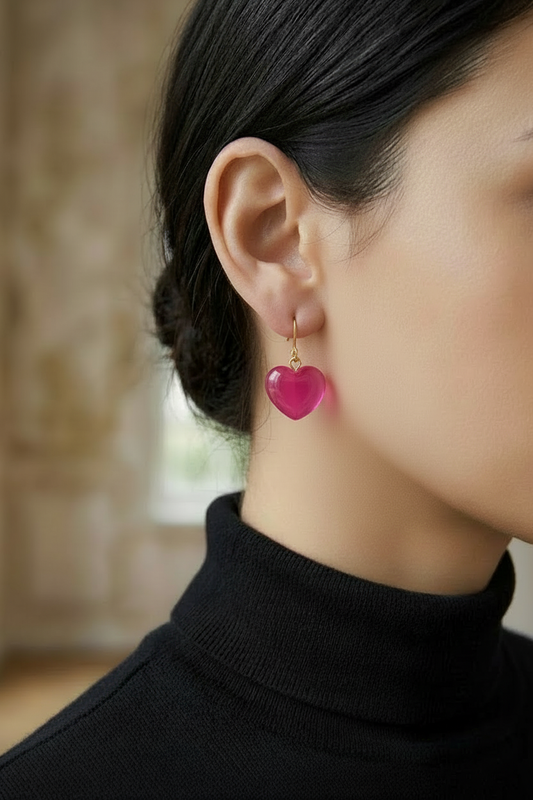 Model with Shorter Hook Pink Heart Earrings