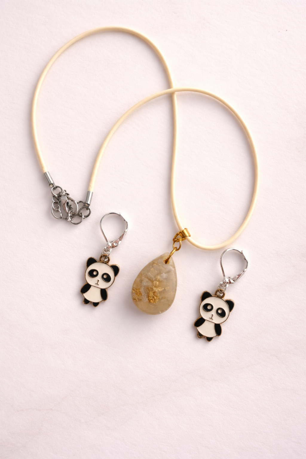 Handmade Pendant Necklace & Earrings Set – Cute Panda & Resin Drop Jewelry Gift Set