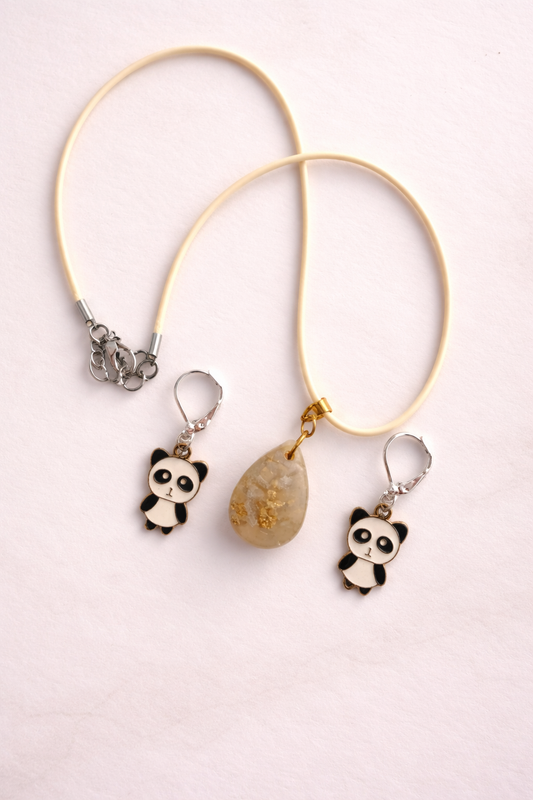 Handmade Pendant Necklace & Earrings Set – Cute Panda & Resin Drop Jewelry Gift Set