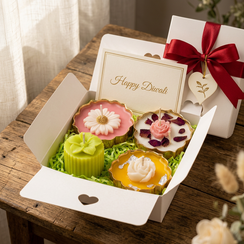 Phool Diwali gift box on an aged wooden table in soft morning light