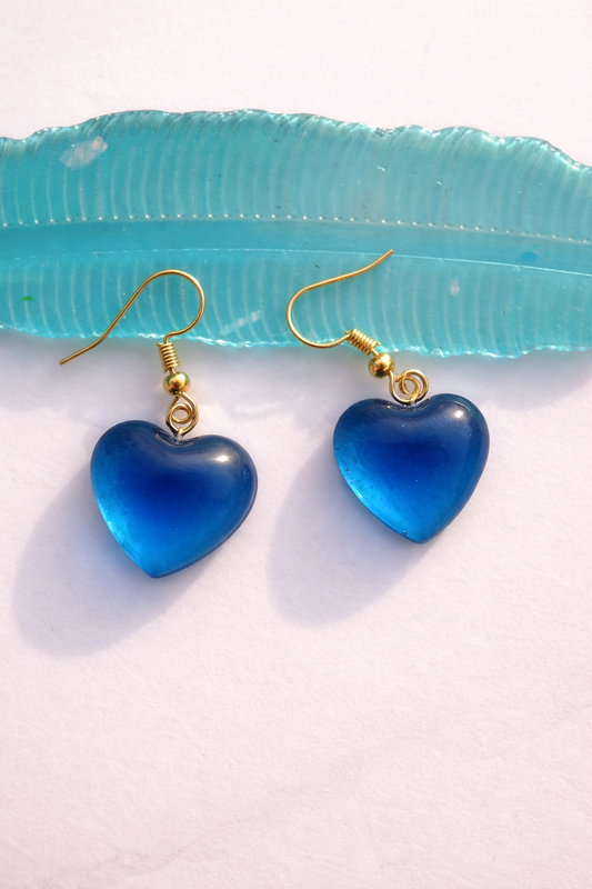 Handmade Blue Heart Earrings – Minimalist Aesthetic Resin Drop Earrings for Women