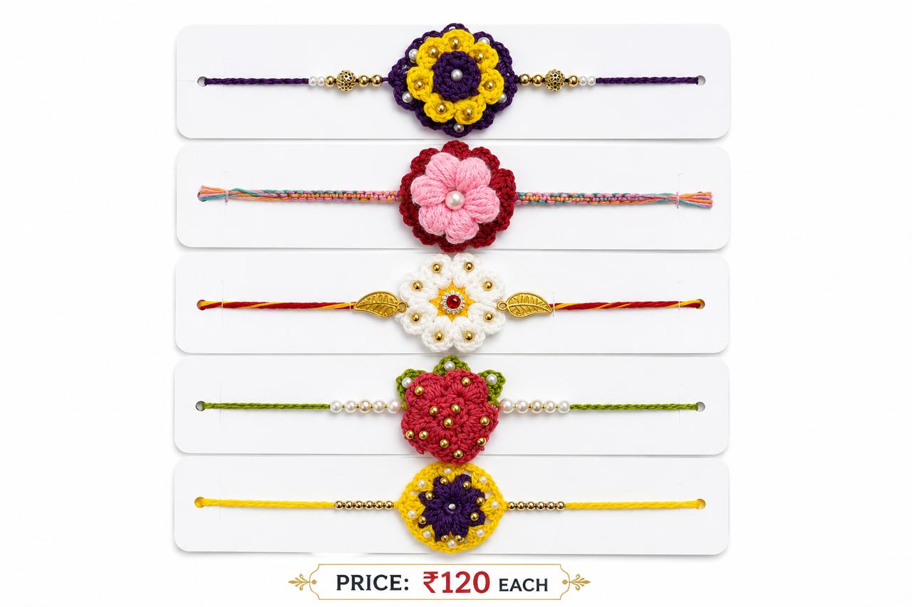 Handmade Crochet Floral Rakhi – Premium Knitted Flower Rakhi with Pearl & Bead Work