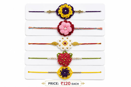 Handmade Crochet Floral Rakhi – Premium Knitted Flower Rakhi with Pearl & Bead Work