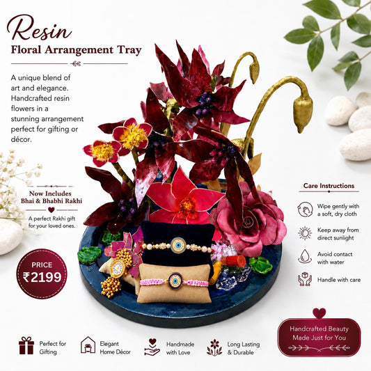 Handmade Resin Floral Arrangement Tray with Bhai & Bhabhi Rakhi Gift Set