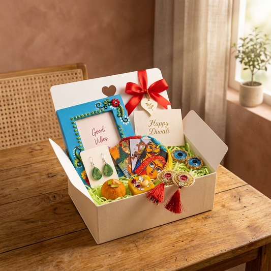 Shubh Diwali gift box in a warm afternoon dining-room setting